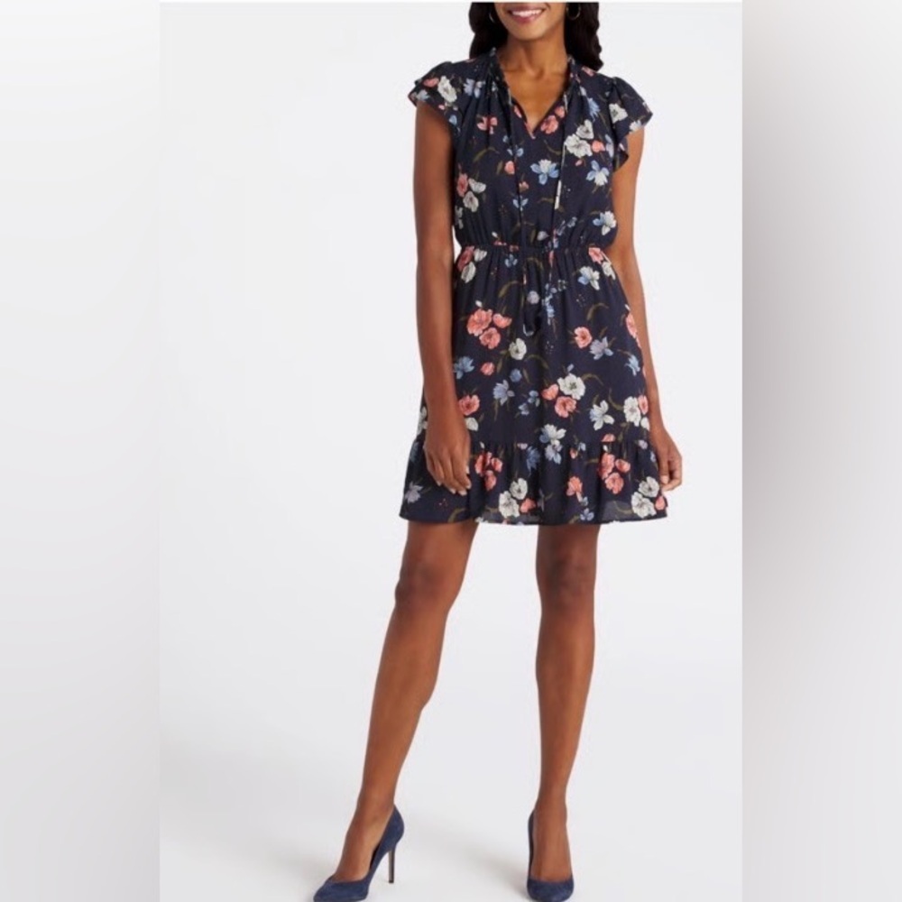 NWT Stitch Fix Les Serein Navy Floral Flutter Sleeve Ruffle Bottom Aline Dress